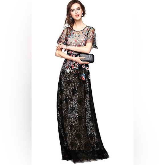 Joy Envyland Dresses & Skirts - Joy EnvyLand Women Maxi Evening Gown Embroidered Dress, Black, Size -Large